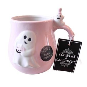 👻 PASTEL PINK Smiling Ghost Mug Cobwebs & Cauldrons NEW